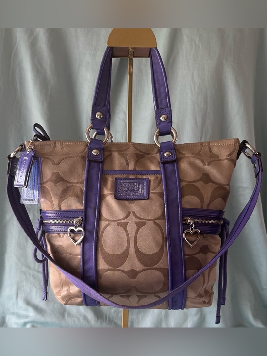 Coach Handbags - Coach F20101 Poppy Khaki and Purple Signature C Jacquard Canvas Satchel/Tote